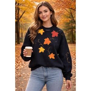 Vtg 90s Sweatshirt Jerzees Leaves Fall Puff Print USA Womens L Black Autumn